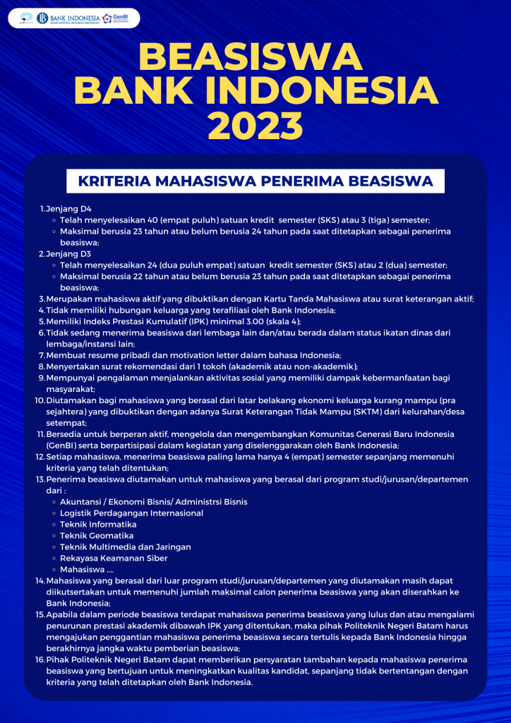 Pengumuman Beasiswa Bank Indonesia Tahun 2023/2024 Politeknik Negeri