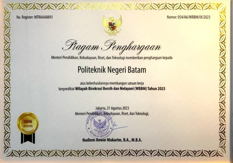 Politeknik Negeri Batam Raih Penghargaan Wilayah Birokrasi Bersih dan Melayani (WBBM) dari Kemendikbudristek Tahun 2023