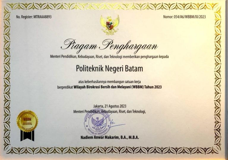 Politeknik Negeri Batam Achieved the Clean and Serving Bureaucratic Area (WBBM) Award from the Ministry of Education and Culture in 2023