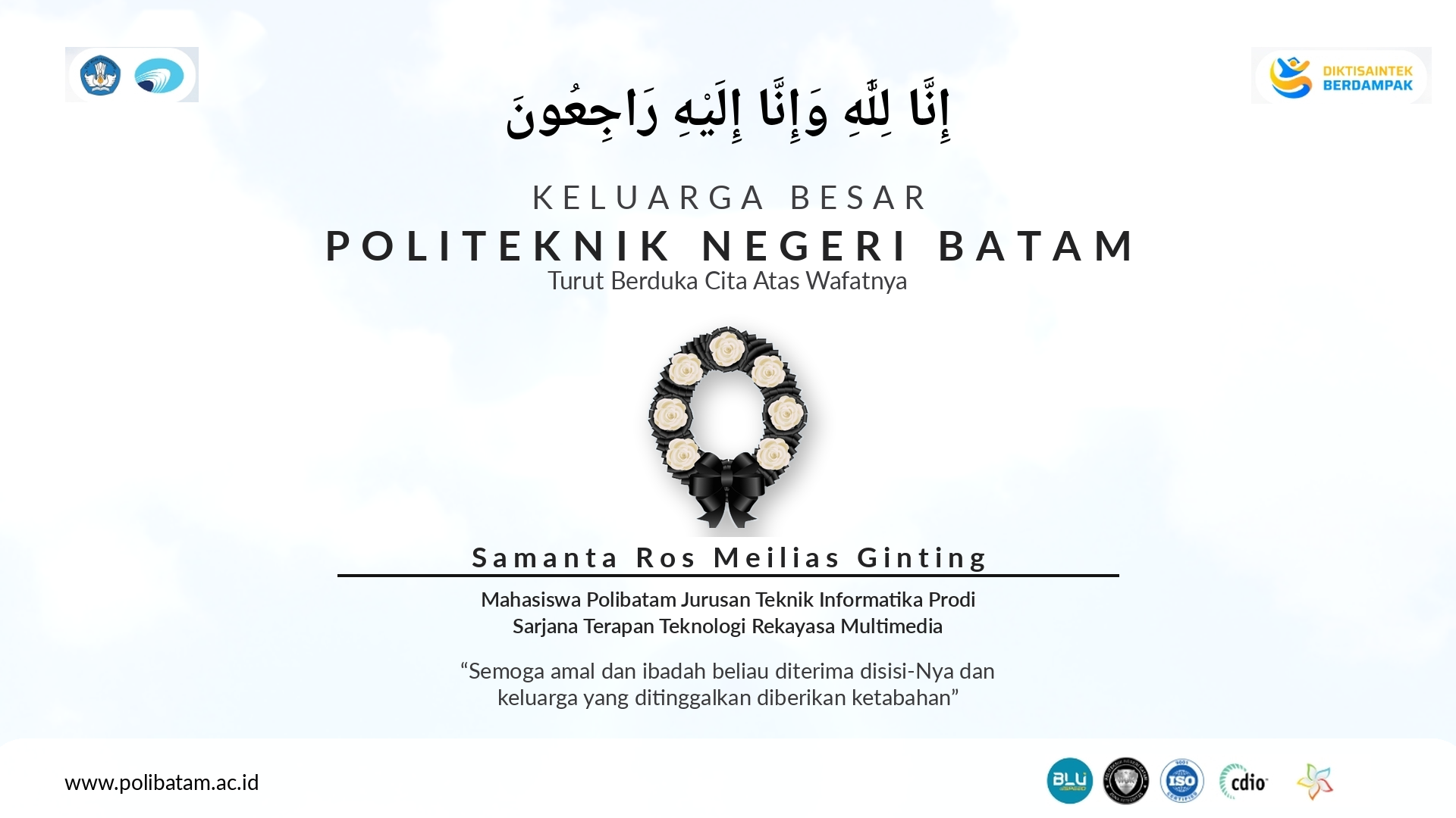 Keluarga Besar Polibatam Berduka atas Wafatnya Samanta Ros Meilias Ginting